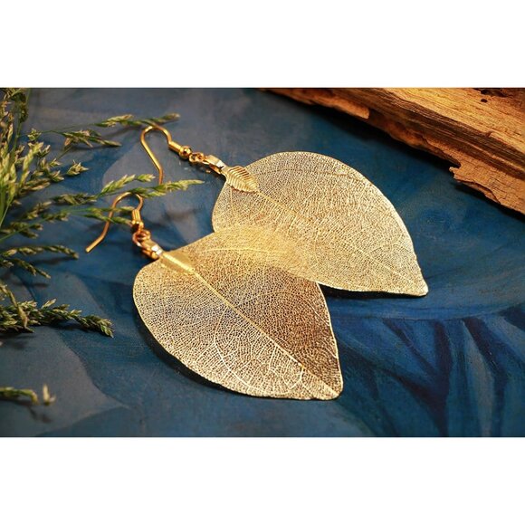 Gold Silver Rose Gold Leaf Jewelry for Women. Natural Leaf Earrings and Pendant - Picture 5 of 9